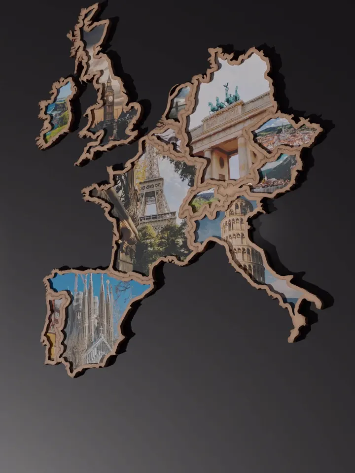 Bamboo Borderframes shaped like European countries, each holding a travel photo, assembled into a map on a dark wall