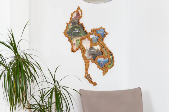 Myanmar, Thailand, Laos, Vietnam and Cambodia Borderframes hung together as one map on a white wall
